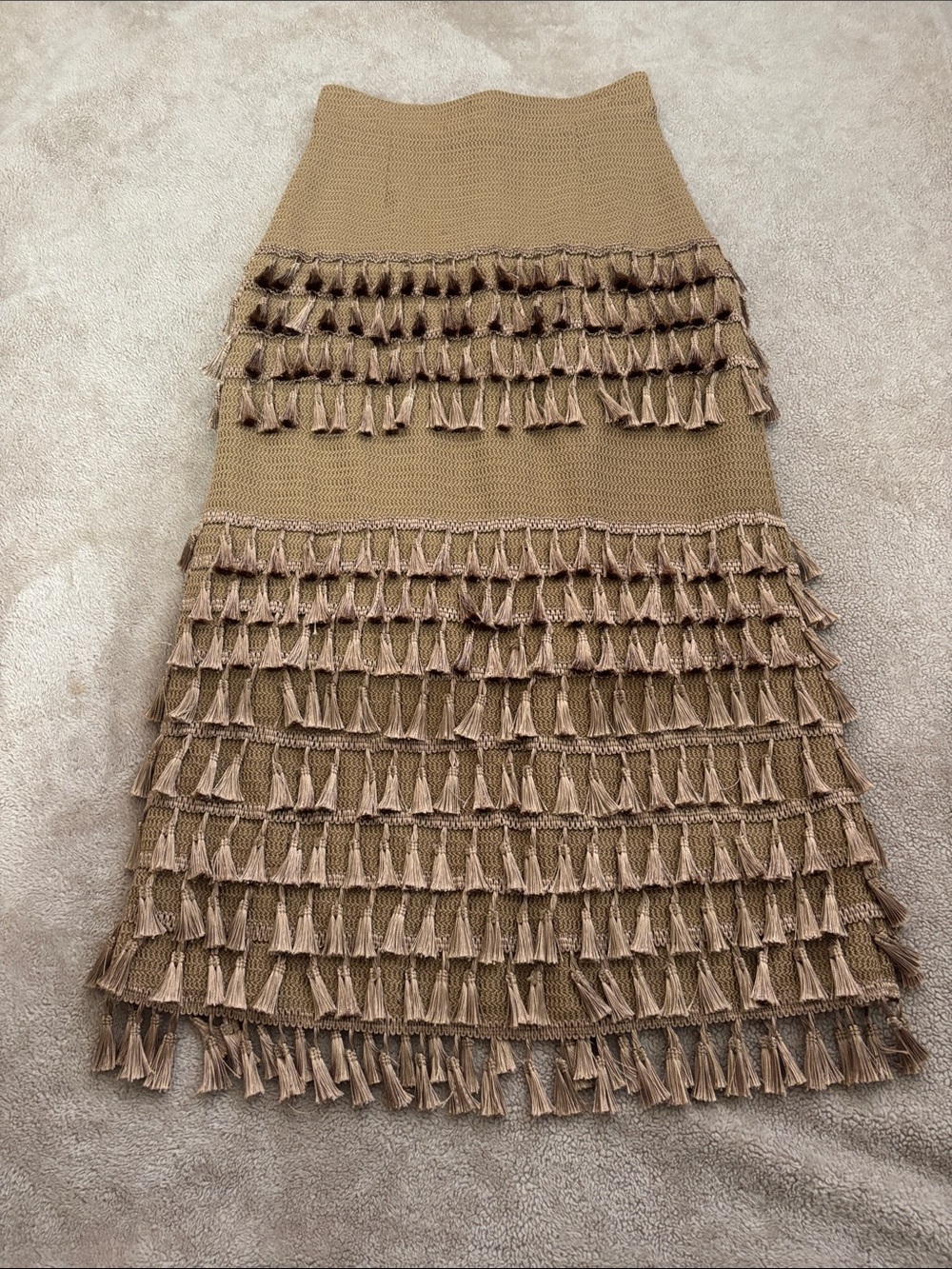 Tassel Tiered Knit Maxi  Skirt - Tan
